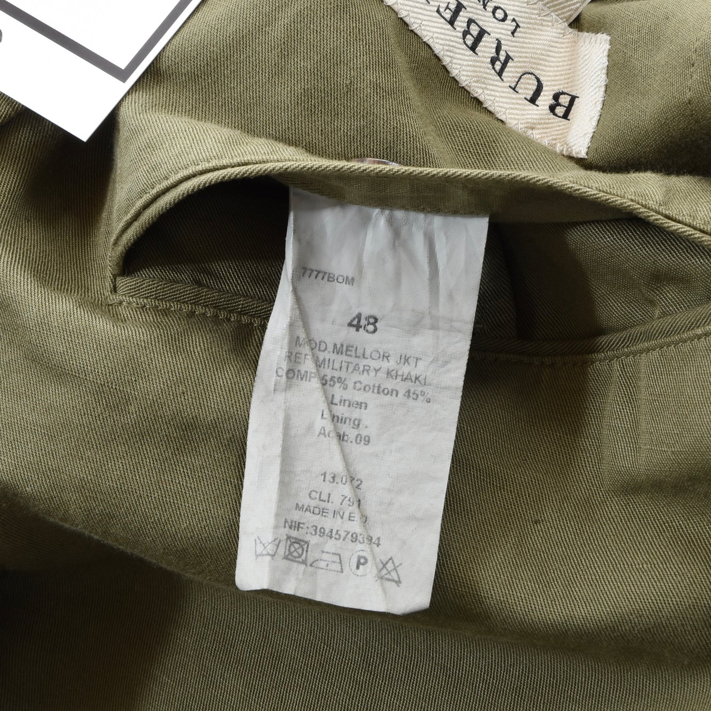 Burberry London Cotton-Linen Jacket Size 48 ca. 51cm - Khaki