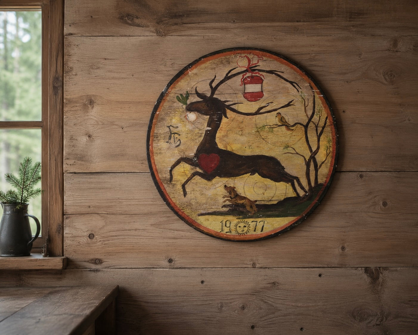 Große handbemalte österreichische Schützenscheibe aus Holz – Datiert 1977 – Hirsch-/Jagdmotiv
