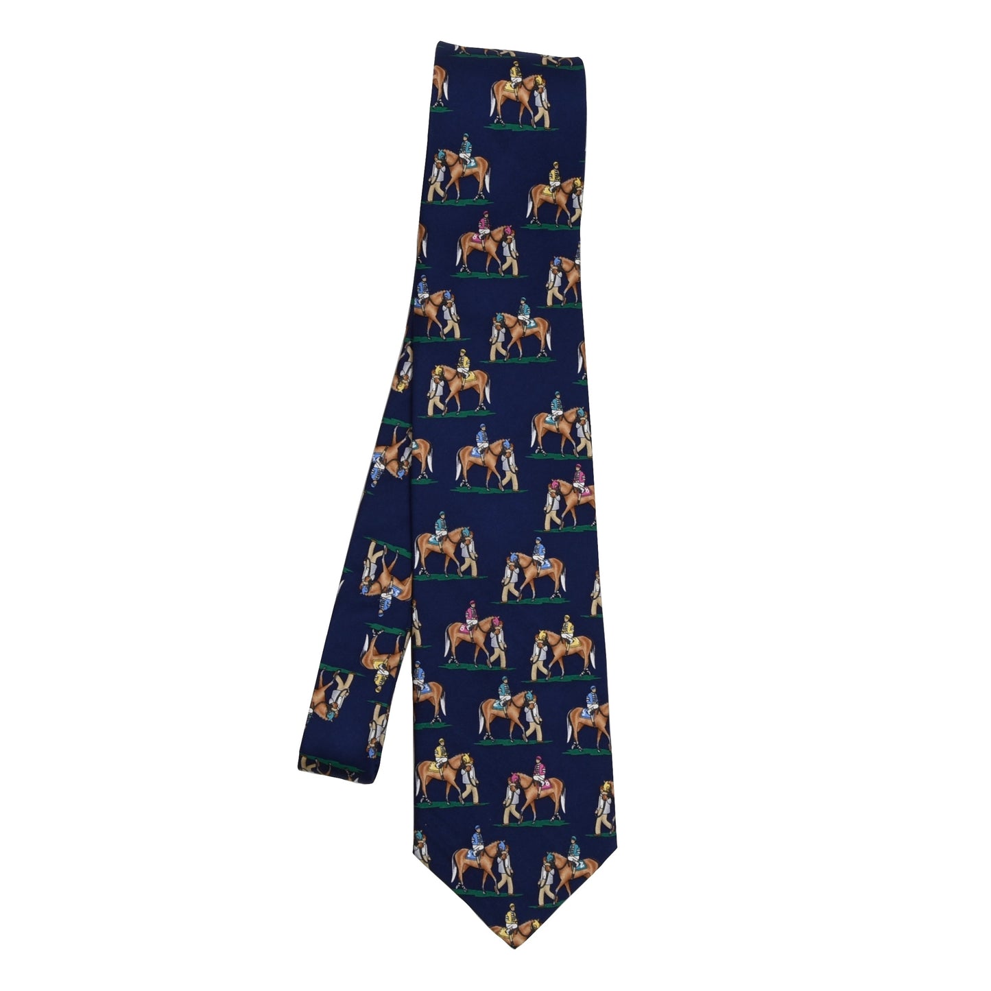 Horse Racing Themed Printed Silk Tie - Navy