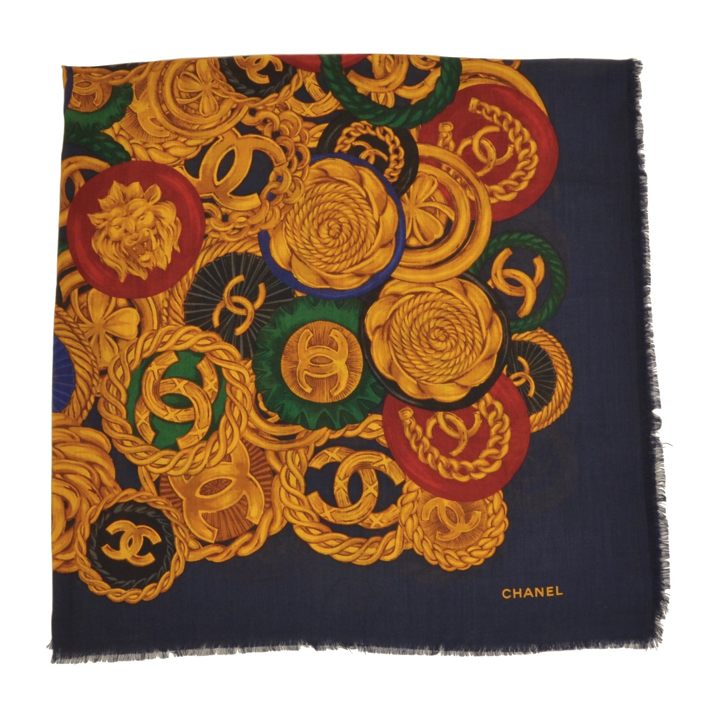 Chanel 136.5cm Silk/Cashmere Scarf/Shawl - Navy