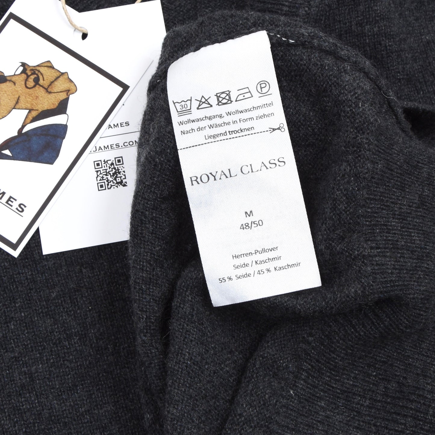 Royal Class Seiden-Kaschmir-Pullover mit V-Ausschnitt Größe M/48-50 - Grau