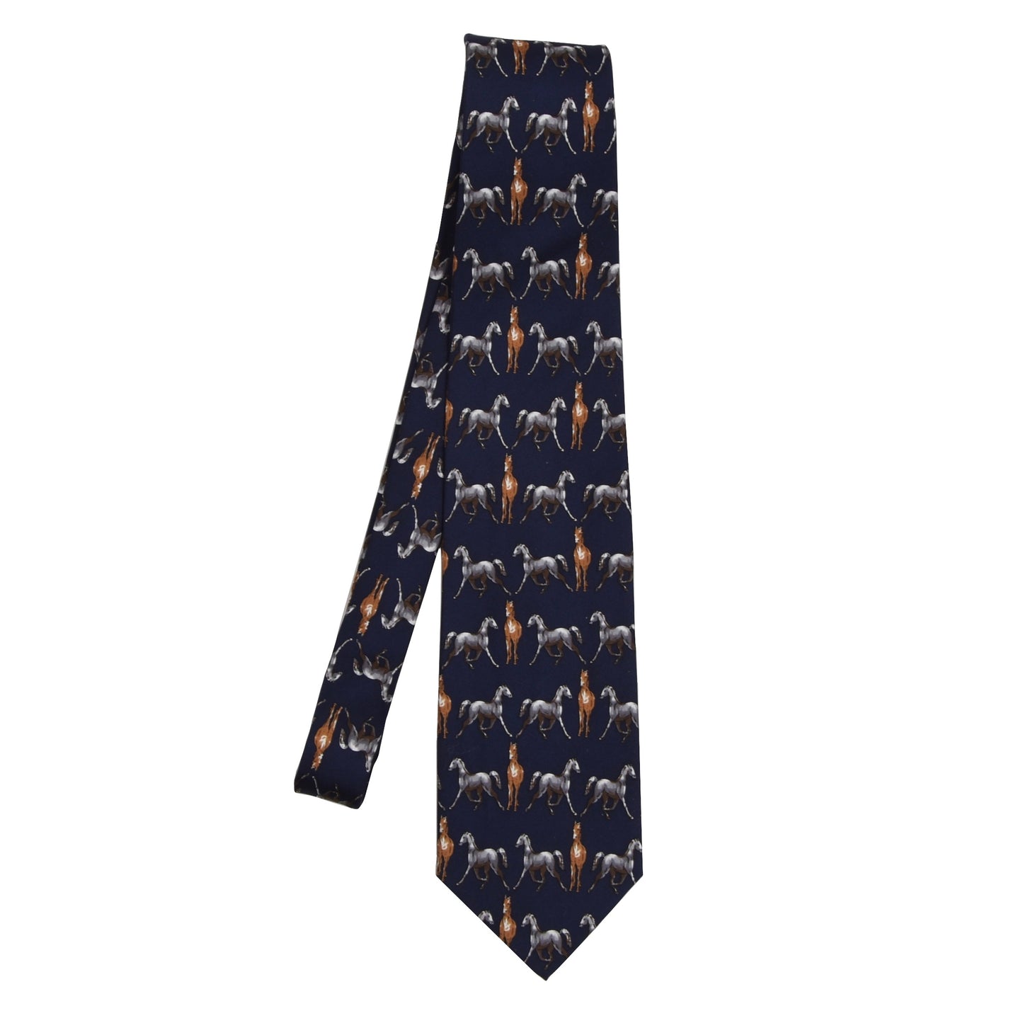 Horse Themed Printed Silk Tie - Navy