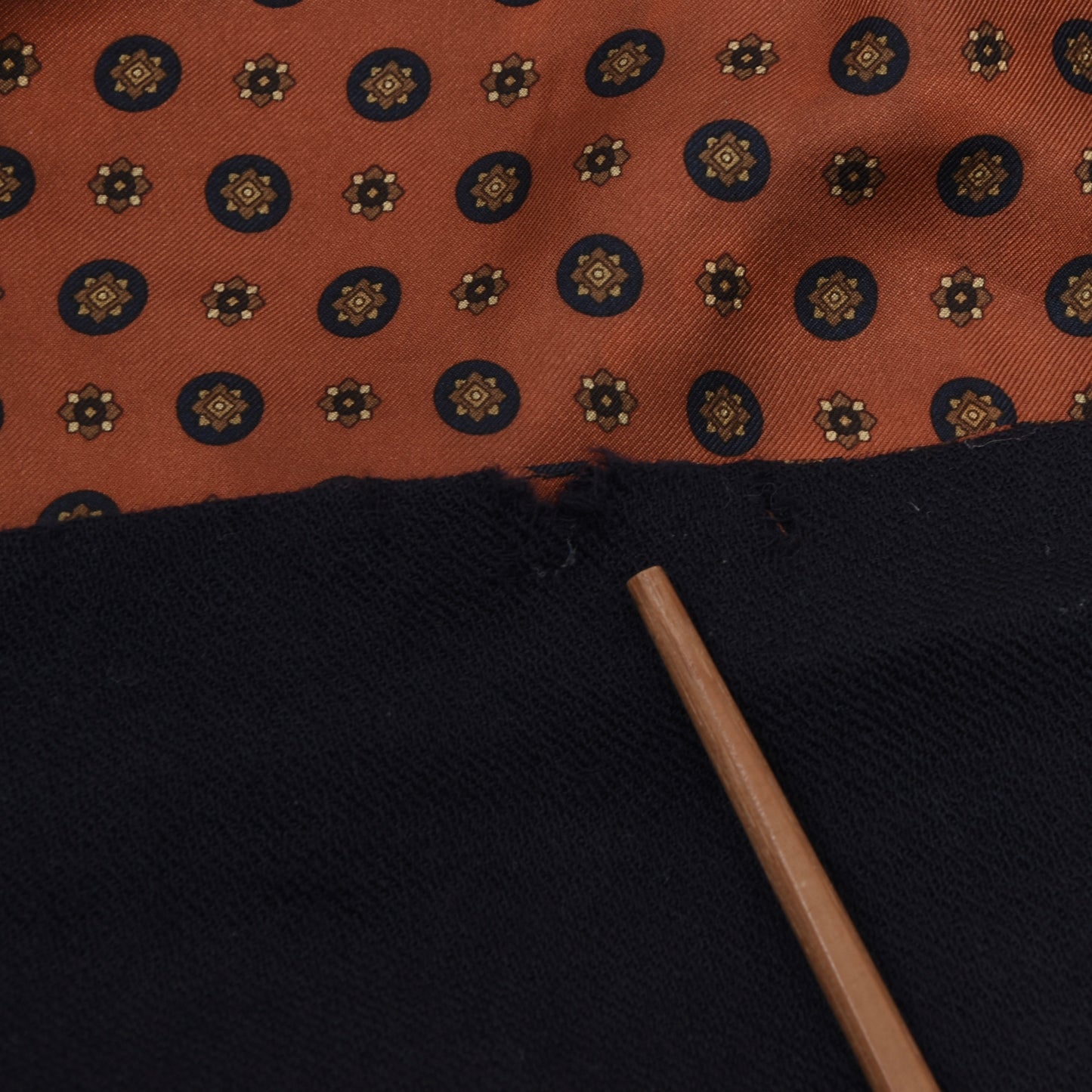 Double-Sided Silk & Wool Scarf Length 155cm - Orange Medallions/Navy Blue