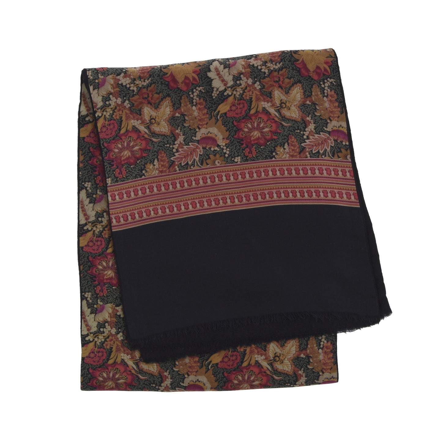 Klassischer doppelseitiger Seiden-/Wollschal - Schwarz mit Blumenmuster