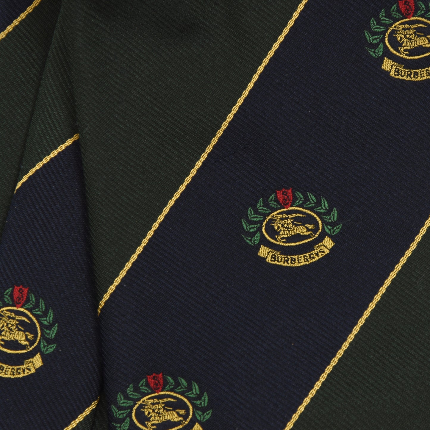 Burberrys Embroidered Crests Silk Tie - Blue Green Stripes