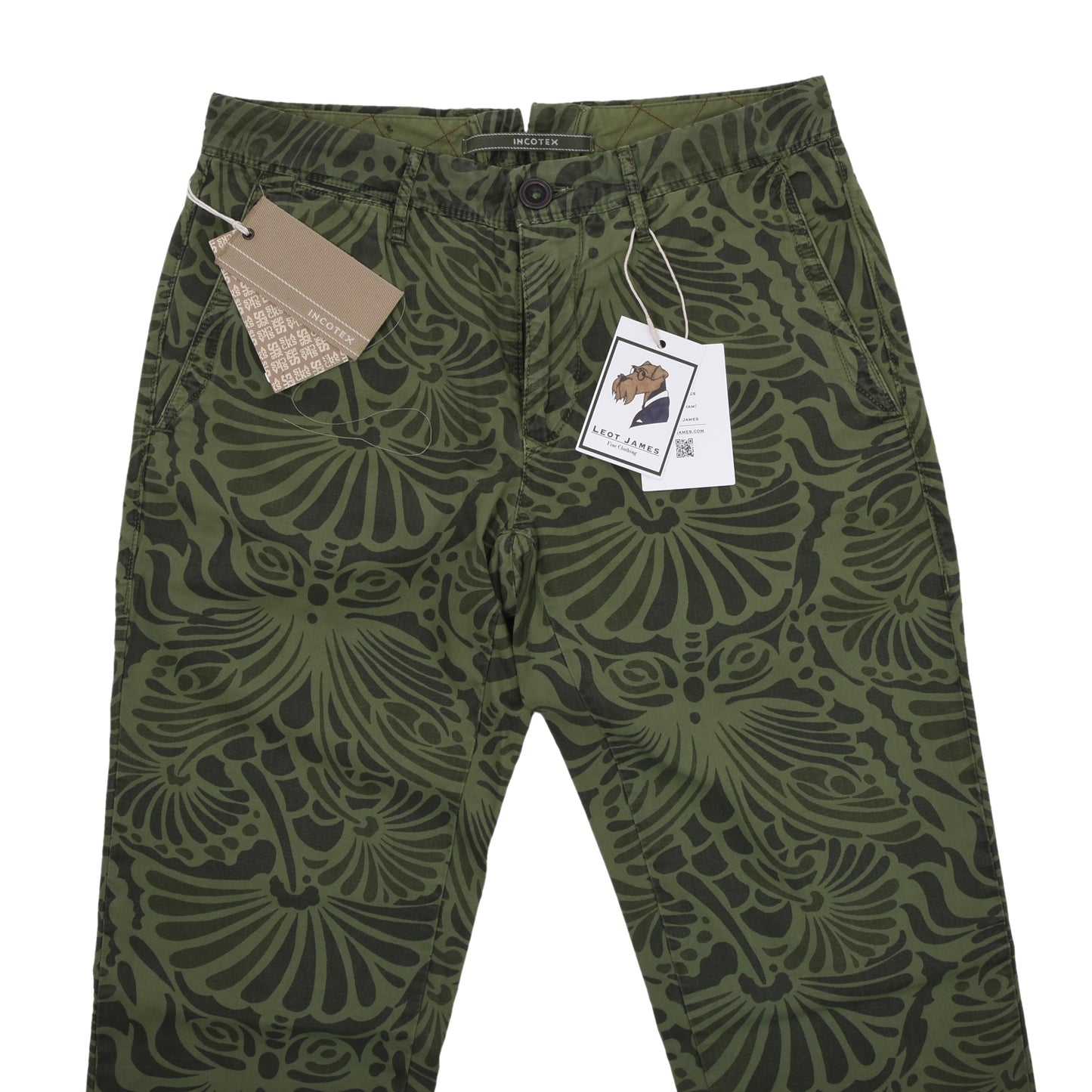NWT Incotex Cotton Pants Size 30 ca. 38.5cm - Green Floral Print