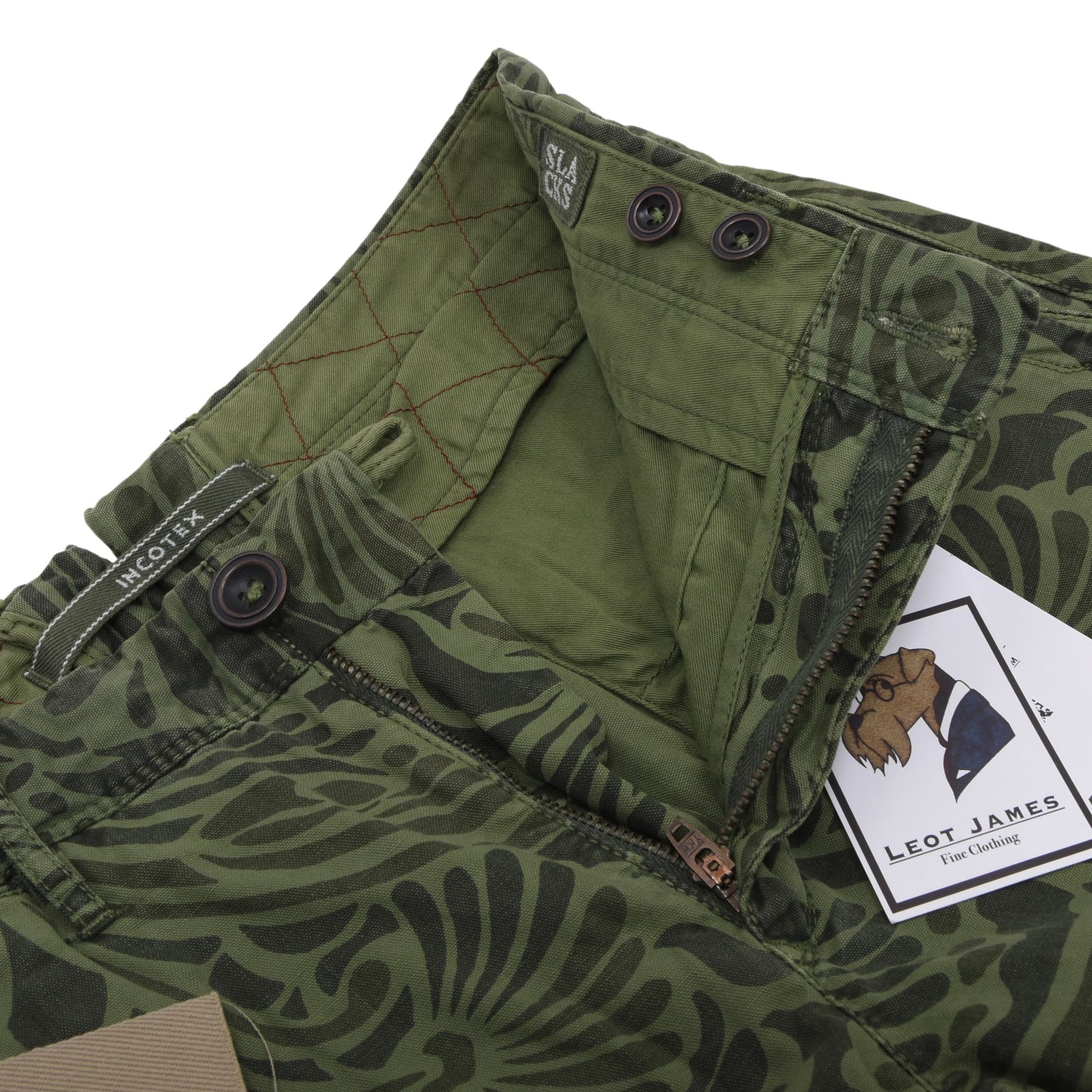 NWT Incotex Cotton Pants Size 30 ca. 38.5cm - Green Floral Print
