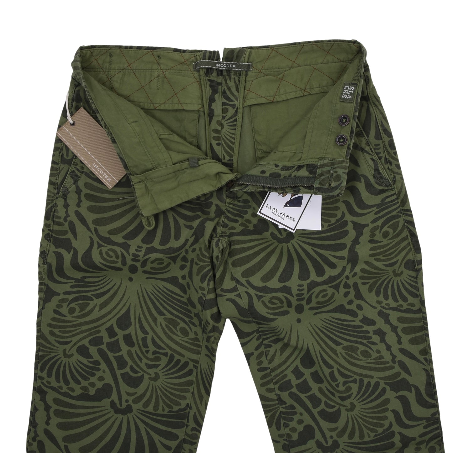NWT Incotex Cotton Pants Size 30 ca. 38.5cm - Green Floral Print