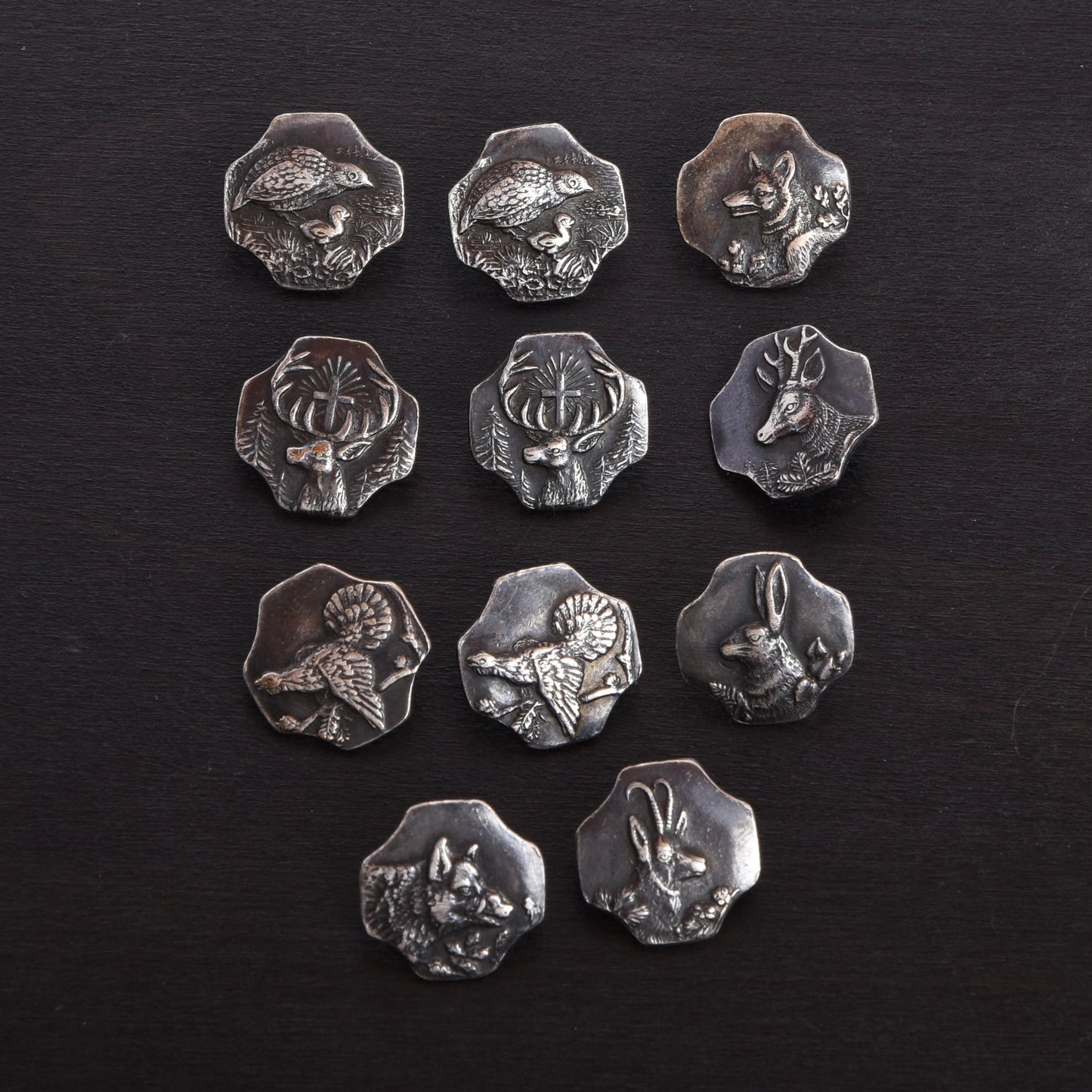 11x .800 Silver Trachten Buttons ca. 26.22g - Hunting Motif