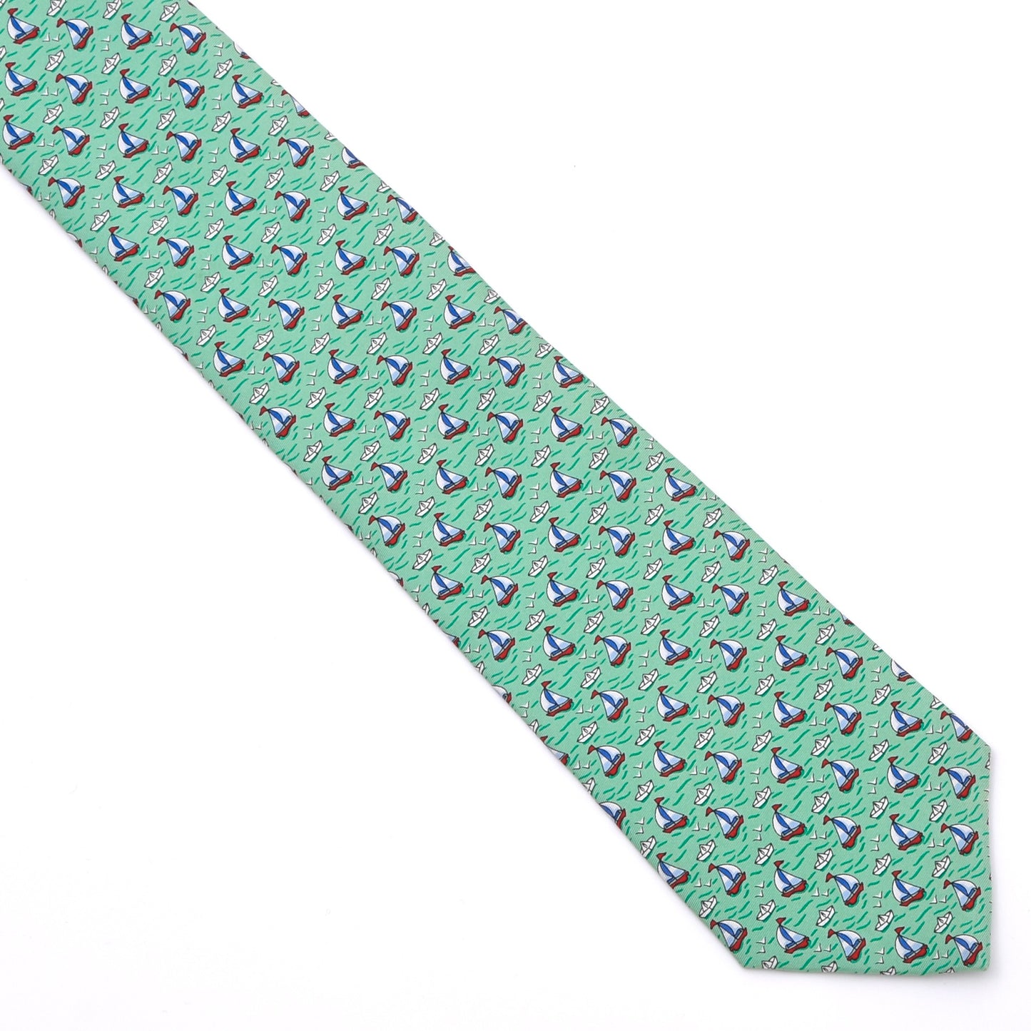 Brooks Brothers 346 Silk Tie Made in USA - Green Sailboats