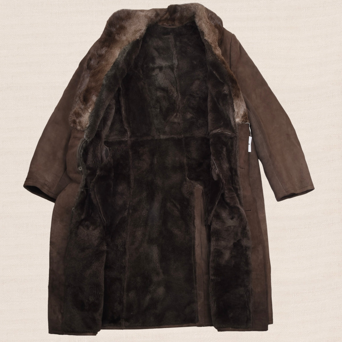 Vintage Full Length Shearling Coat with Fur Collar  - Brown