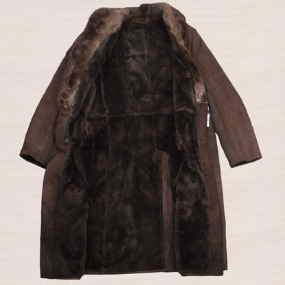 Vintage Full Length Shearling Coat with Fur Collar  - Brown