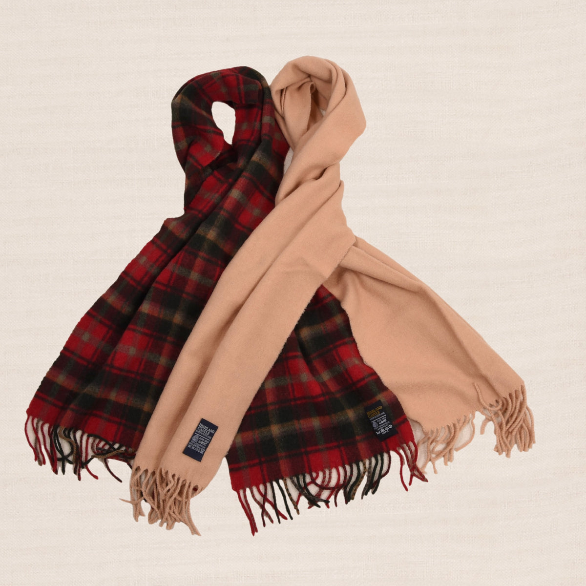 Highland Castle x2 Wool Scarves Made in Scotland ca. 134-145cm - Red Plaid/Tan