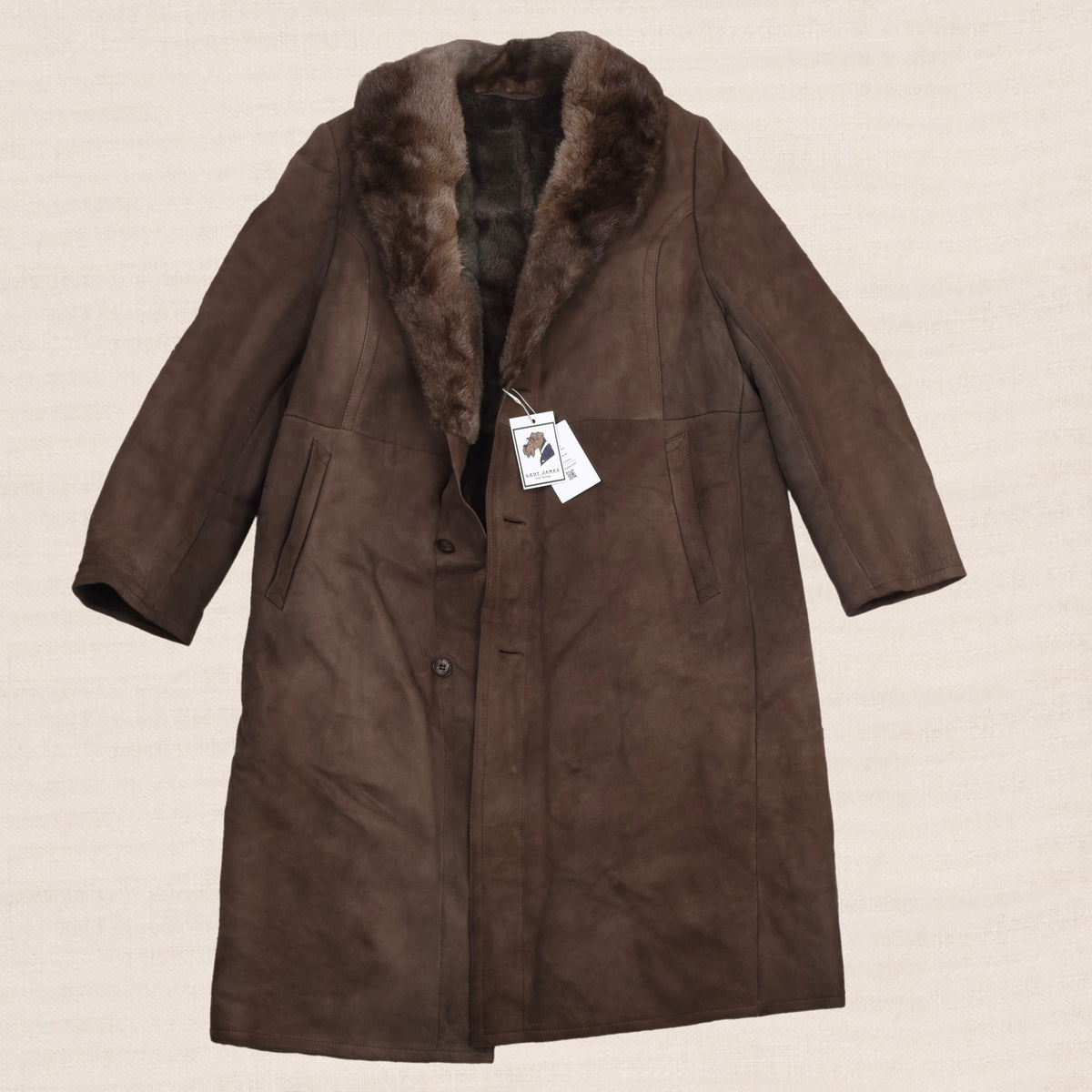 Vintage Full Length Shearling Coat with Fur Collar  - Brown