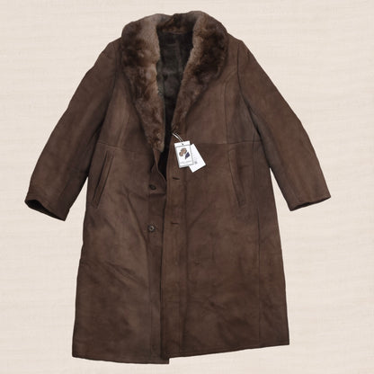 Vintage Full Length Shearling Coat with Fur Collar  - Brown