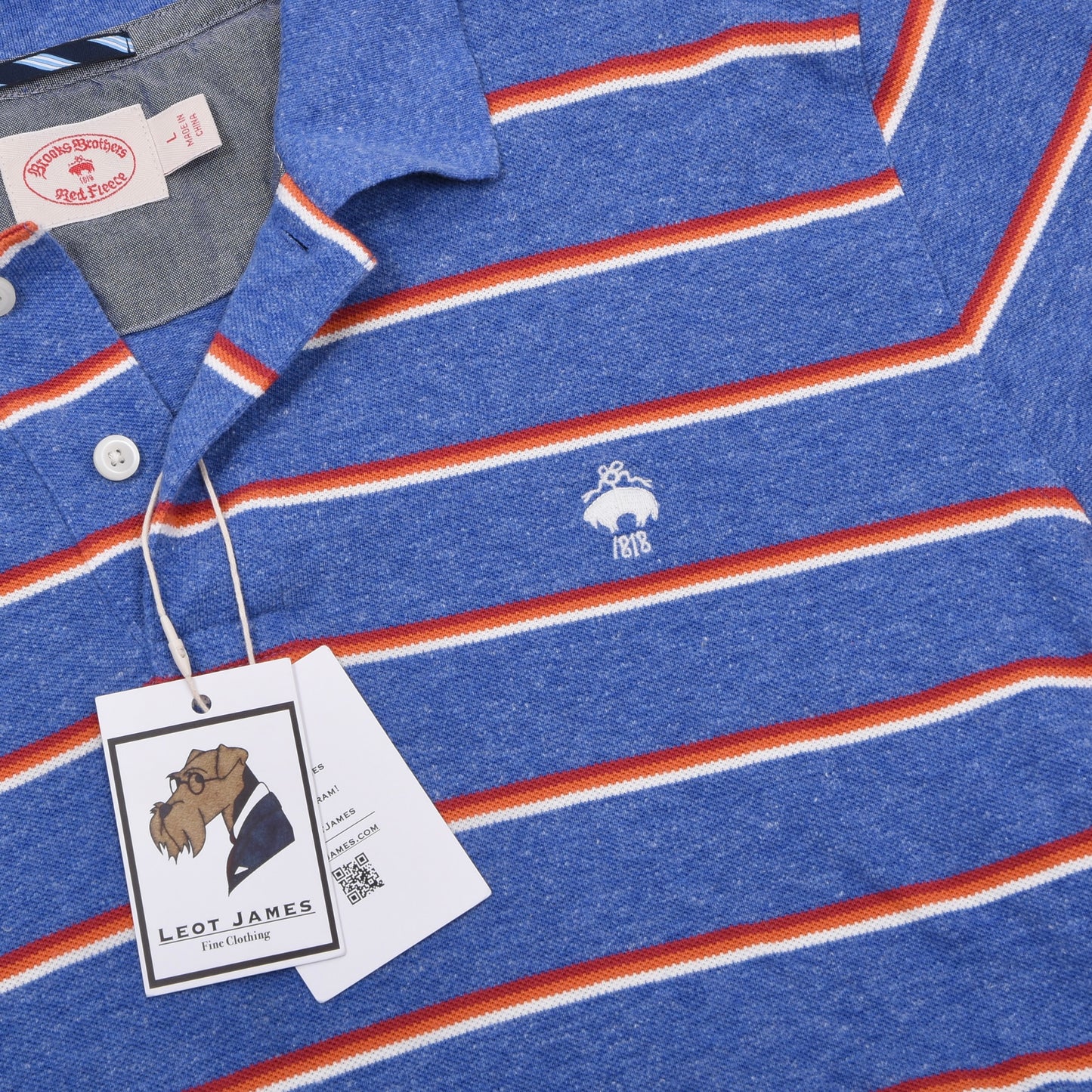 Brooks Brothers Red Fleece Cotton-Linen Polo Shirt Size L - Blue Striped