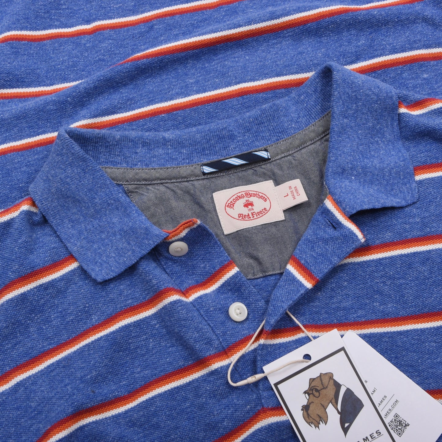 Brooks Brothers Red Fleece Cotton-Linen Polo Shirt Size L - Blue Striped