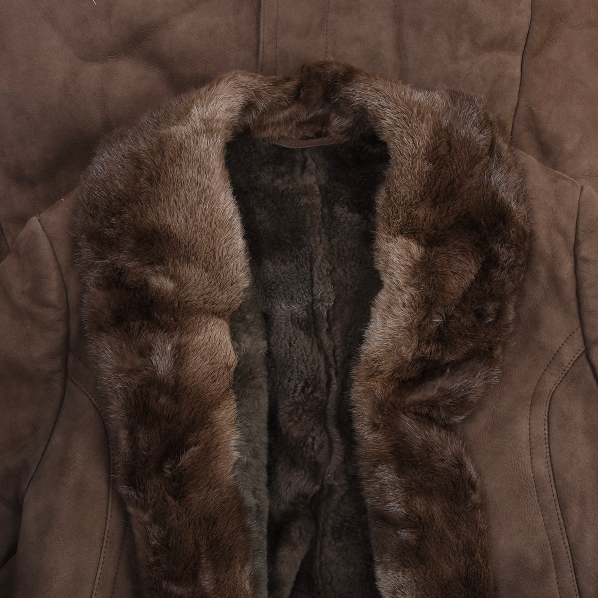 Vintage Full Length Shearling Coat with Fur Collar  - Brown