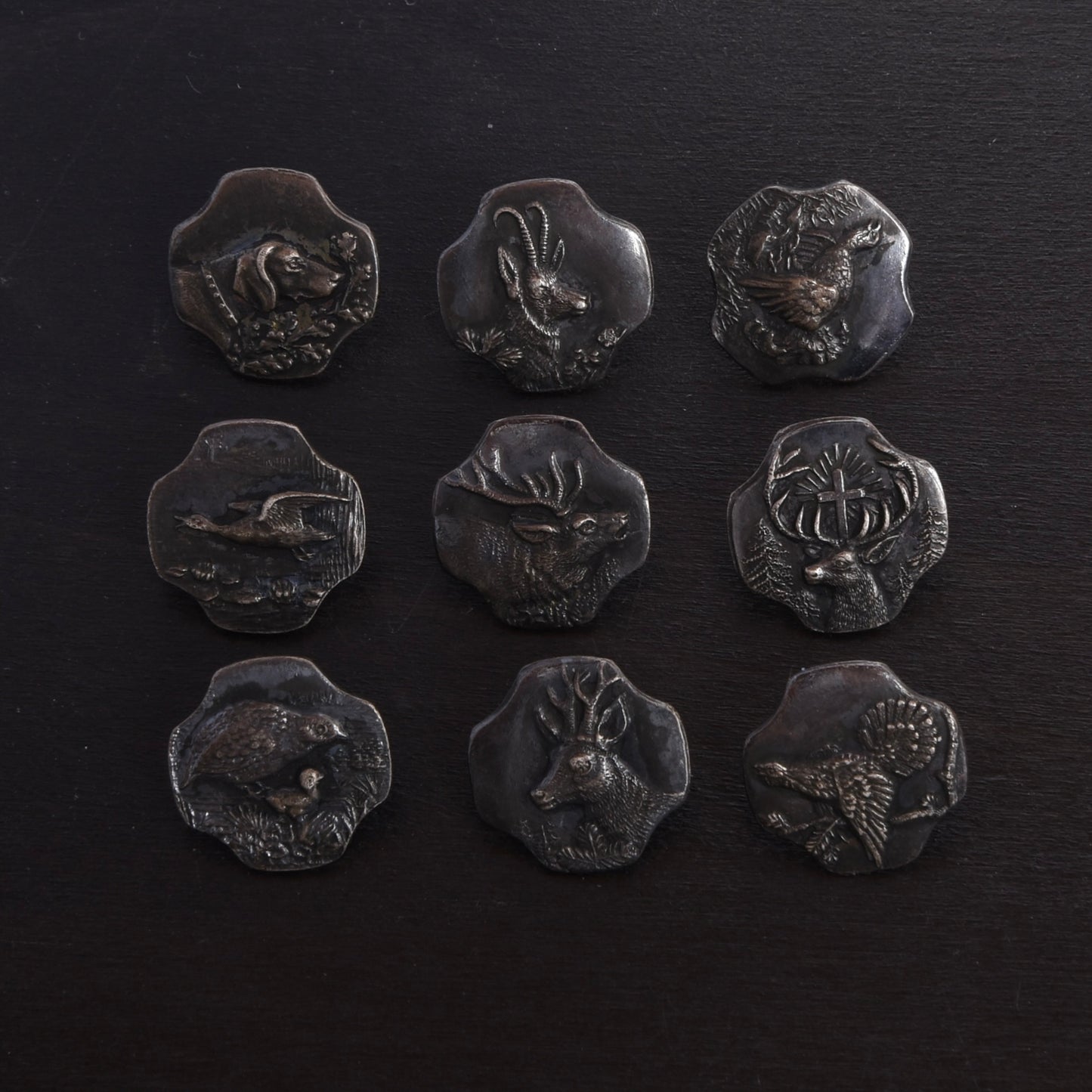 9x .800 Silver Trachten Buttons ca. 19.74g - Hunting Motif