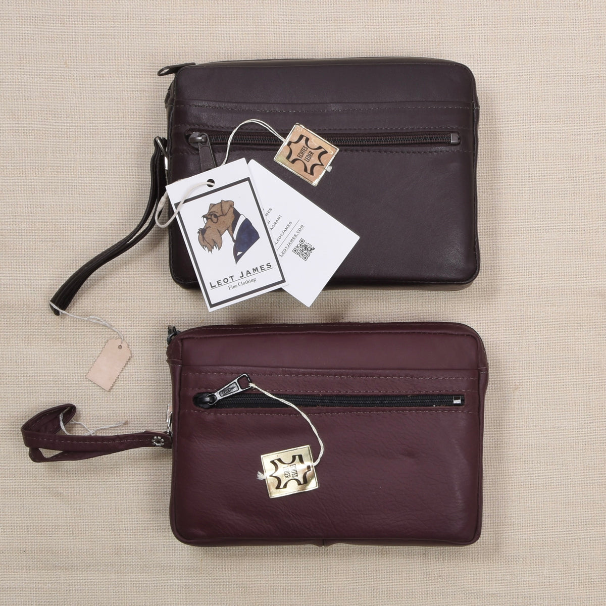 NOS Set of 2 Leather Travel Pouches ca. 20cm - Brown/Burgundy