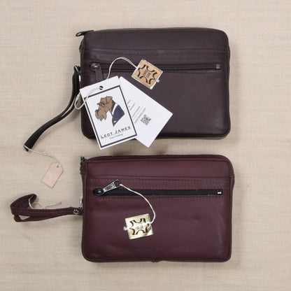 NOS Set of 2 Leather Travel Pouches ca. 20cm - Brown/Burgundy