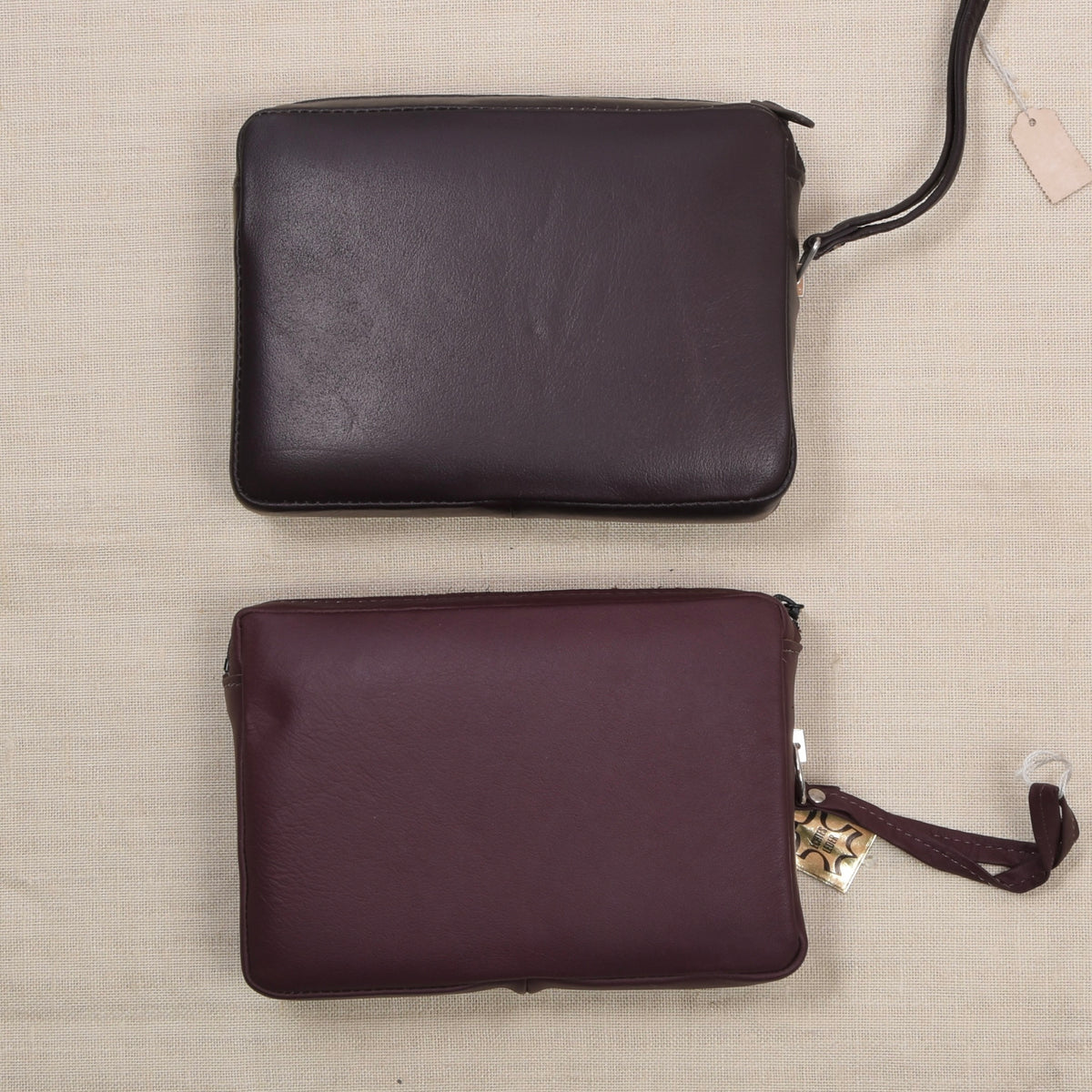 NOS Set of 2 Leather Travel Pouches ca. 20cm - Brown/Burgundy