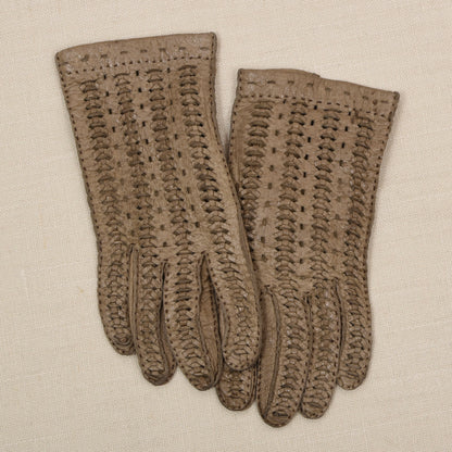 Ungefütterte Peccary-Leder Autofahrerhandschuhe im Vintage-Stil – Beige/Hellbraun