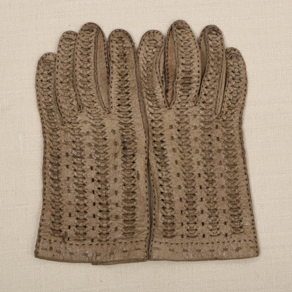 Ungefütterte Peccary-Leder Autofahrerhandschuhe im Vintage-Stil – Beige/Hellbraun