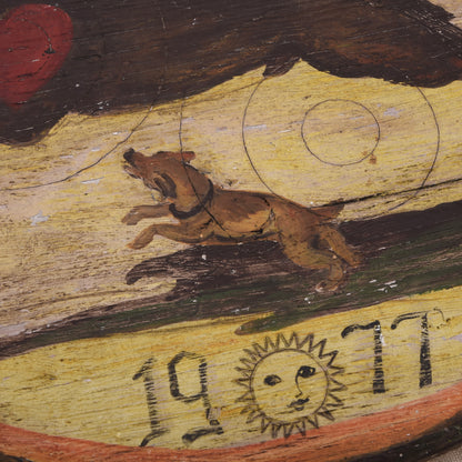Große handbemalte österreichische Schützenscheibe aus Holz – Datiert 1977 – Hirsch-/Jagdmotiv