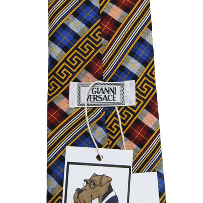 Gianni Versace Vintage Silk Tie ca. 142.5cm/10cm - Plaid Greek Key