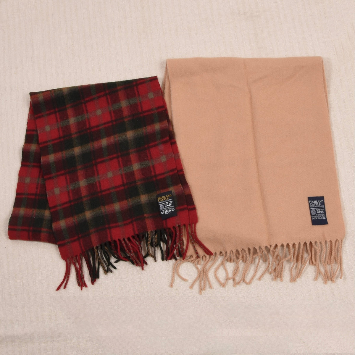 Highland Castle x2 Wool Scarves Made in Scotland ca. 134-145cm - Red Plaid/Tan
