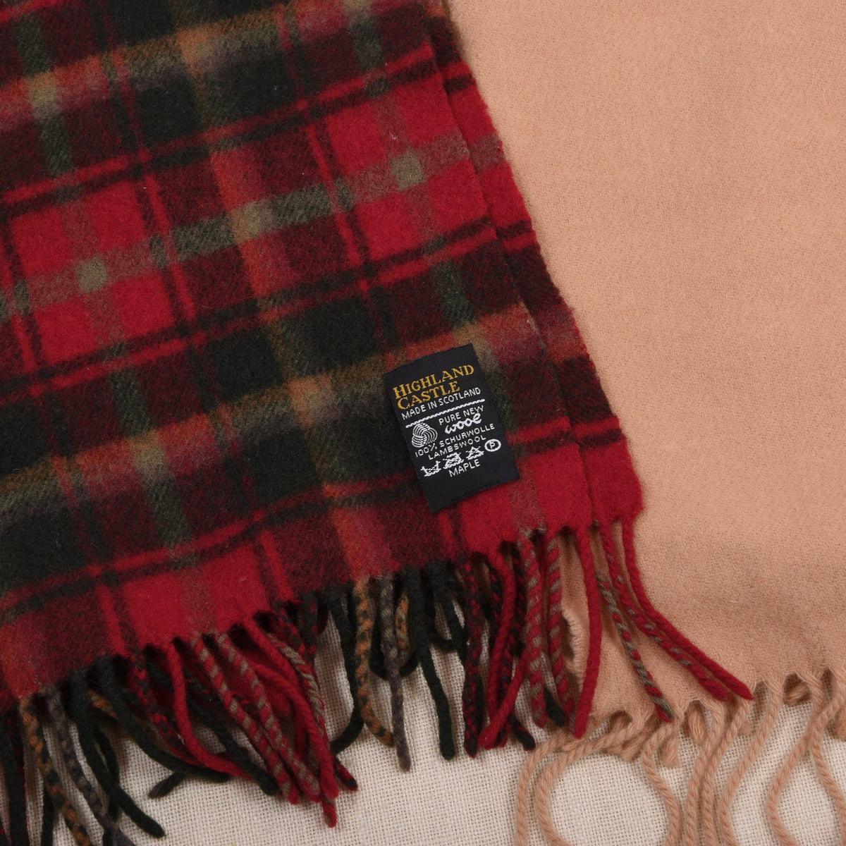 Highland Castle x2 Wool Scarves Made in Scotland ca. 134-145cm - Red Plaid/Tan