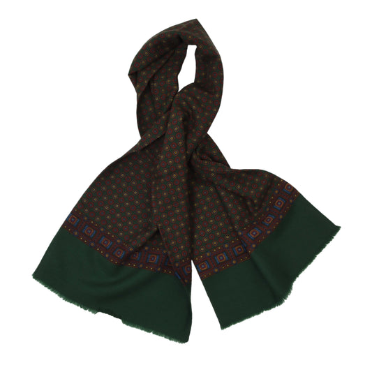 Classic Wool Challis Dress Scarf Length 114cm - Green Medallions