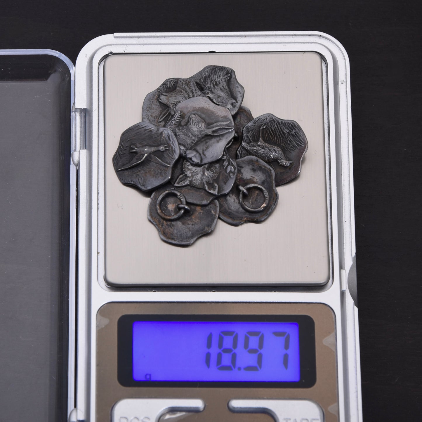 9x .800 Silver Trachten Buttons ca. 18.97g - Hunting Motif