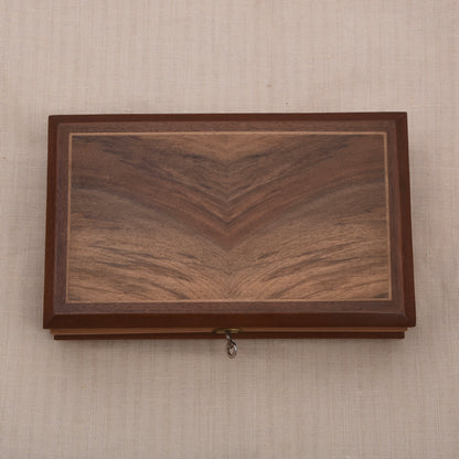 Vintage Holz-Schatulle mit Intarsiendeckel, spiegelbildlicher Maserung, Samtfutter & Schlüssel