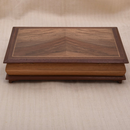 Vintage Holz-Schatulle mit Intarsiendeckel, spiegelbildlicher Maserung, Samtfutter & Schlüssel