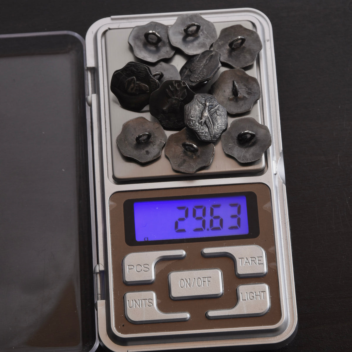 12x Vintage 800 Silber Trachtenknöpfe ca. 29.63g Graz – Jagdmotiv