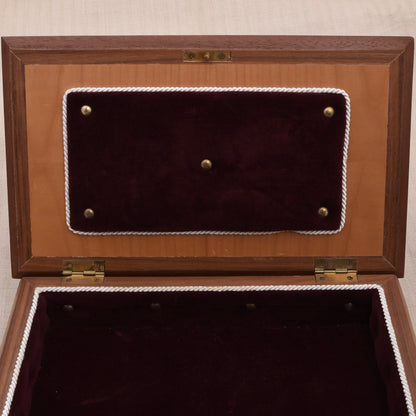 Vintage Holz-Schatulle mit Intarsiendeckel, spiegelbildlicher Maserung, Samtfutter & Schlüssel