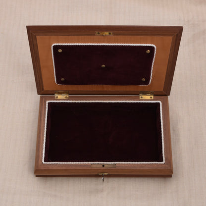 Vintage Holz-Schatulle mit Intarsiendeckel, spiegelbildlicher Maserung, Samtfutter & Schlüssel