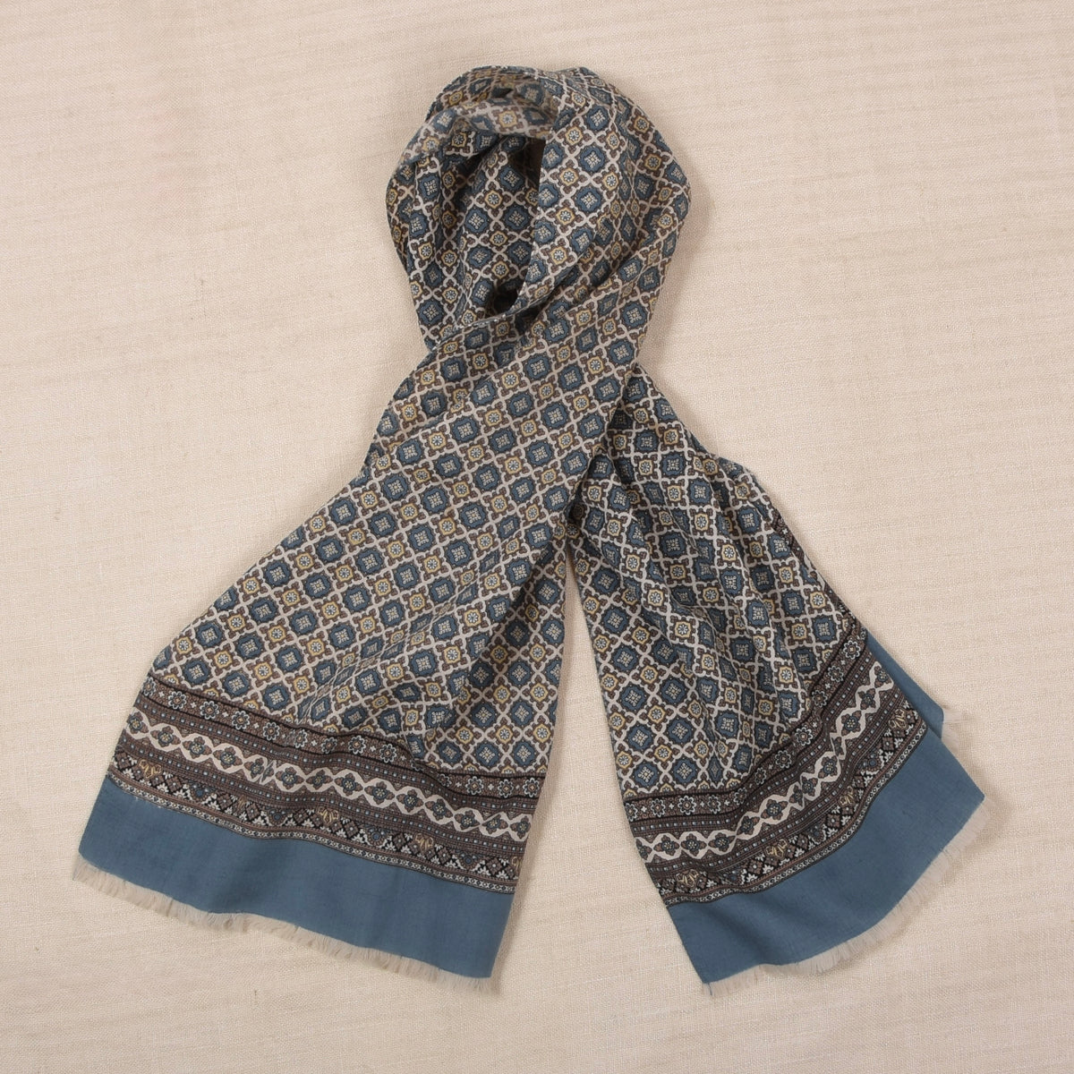 Vintage Wolle Challis Stadtschal ca. 120cm - Blau/Beige