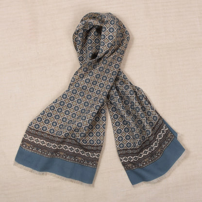 Vintage Wolle Challis Stadtschal ca. 120cm - Blau/Beige