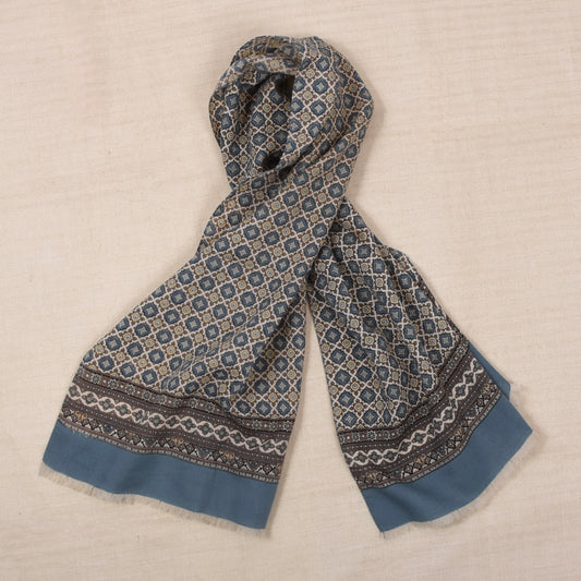 Vintage Wolle Challis Stadtschal ca. 120cm - Blau/Beige