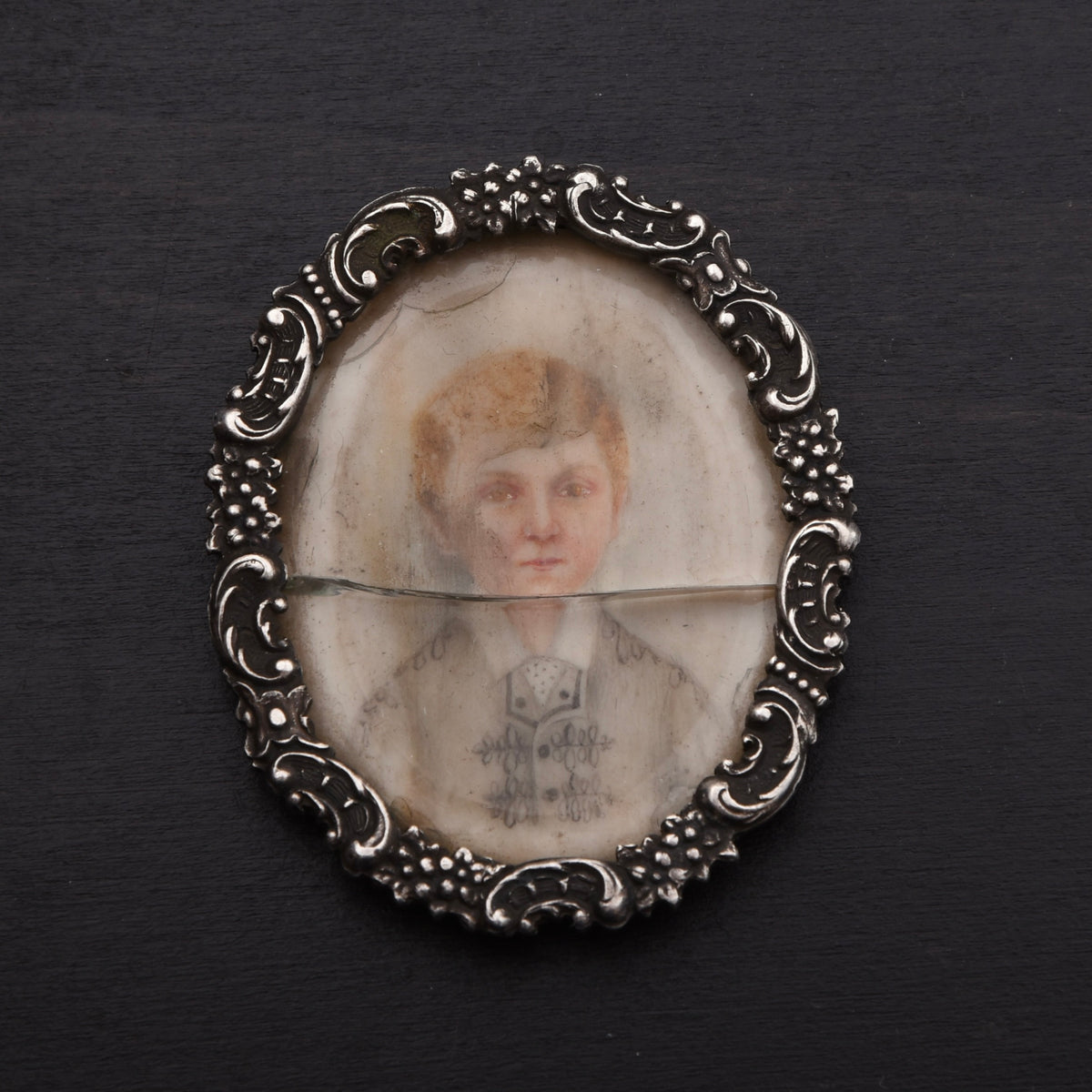 Antique Miniature Portrait in .800 Silver Frame Dog's Head Hallmark Graz, Austria 1872-1922