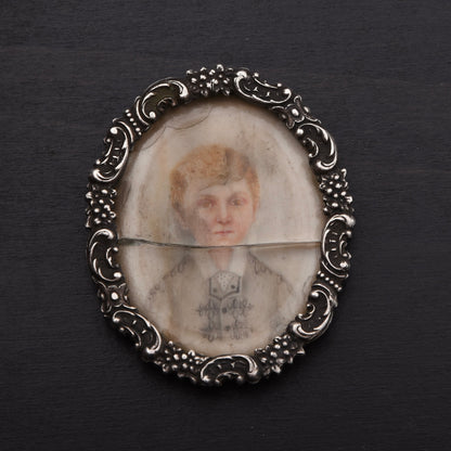Antique Miniature Portrait in .800 Silver Frame Dog's Head Hallmark Graz, Austria 1872-1922