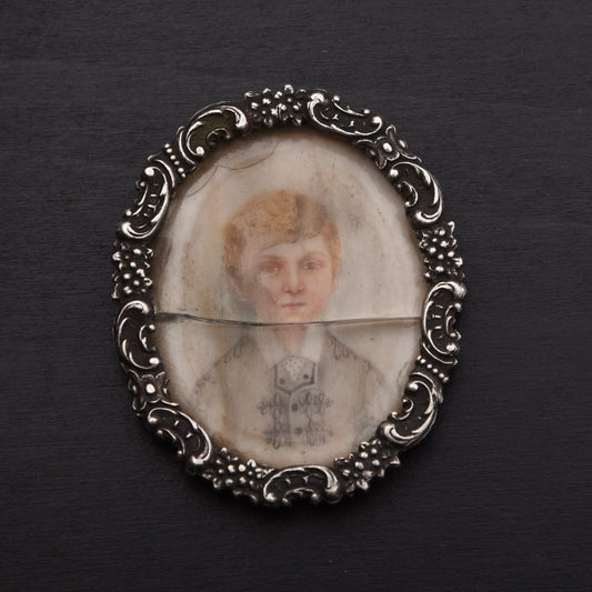 Antik Porträtminiatur 800 Silber Rahmen Hundekopfpunze Graz, Österreich 1872-1922