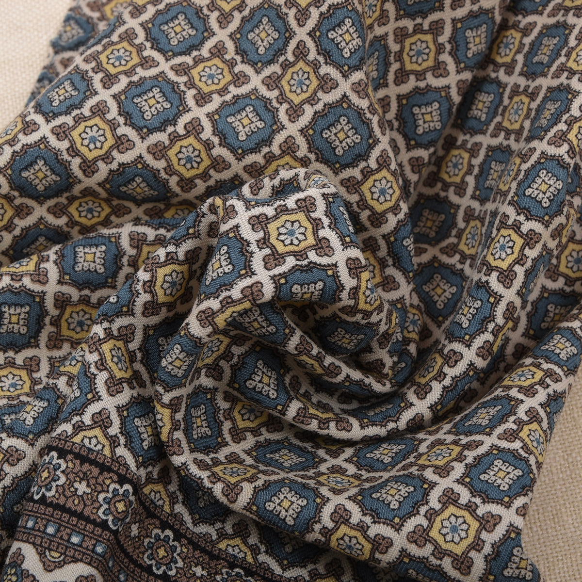 Vintage Wolle Challis Stadtschal ca. 120cm - Blau/Beige