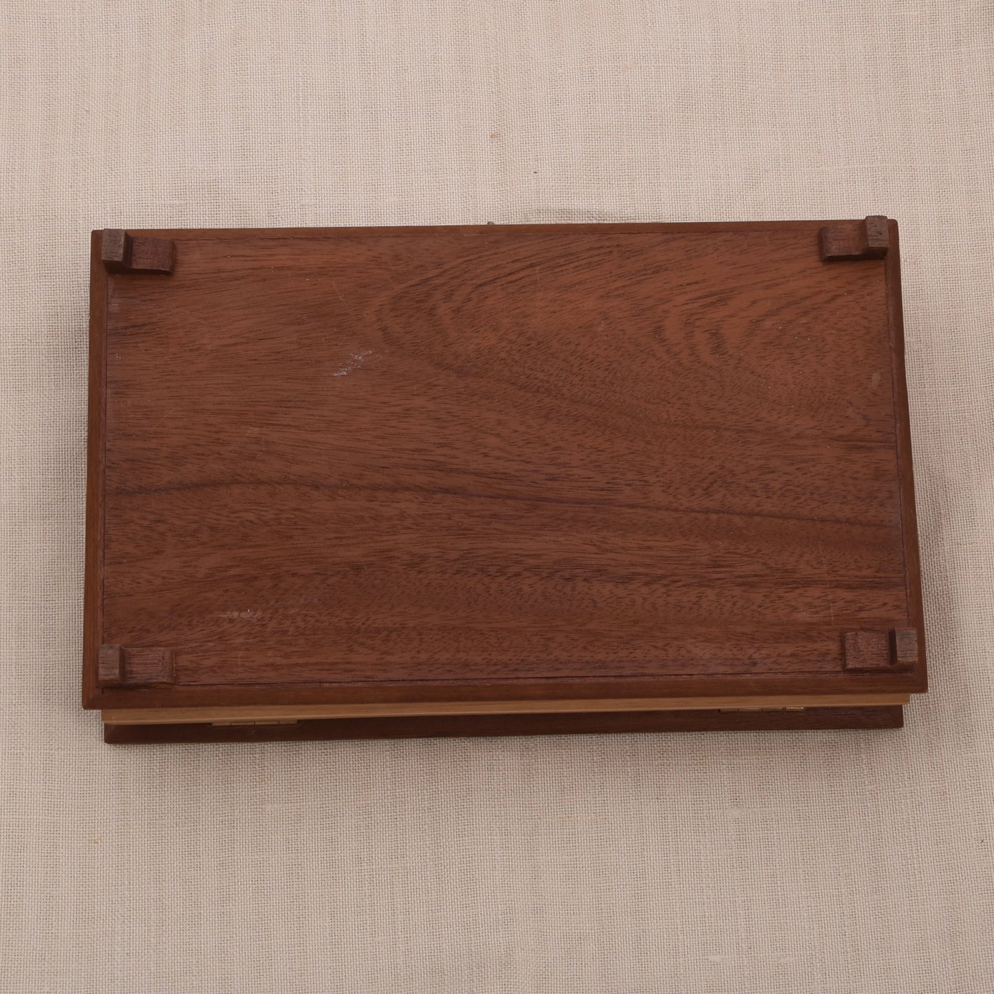 Vintage Holz-Schatulle mit Intarsiendeckel, spiegelbildlicher Maserung, Samtfutter & Schlüssel
