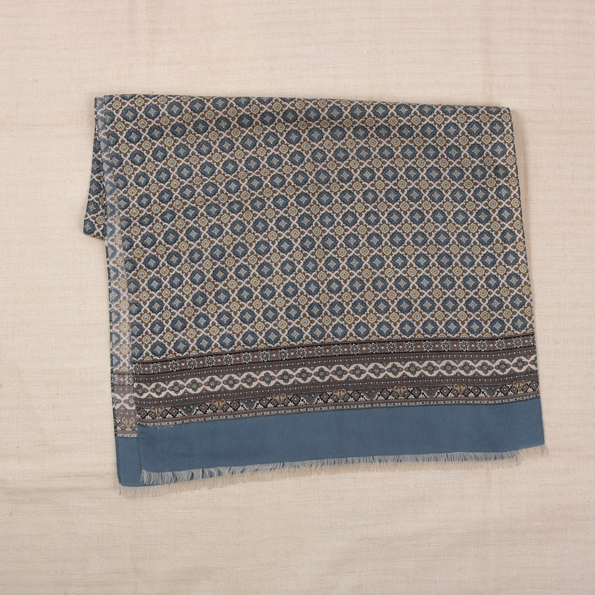 Vintage Wolle Challis Stadtschal ca. 120cm - Blau/Beige