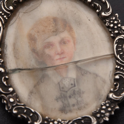 Antique Miniature Portrait in .800 Silver Frame Dog's Head Hallmark Graz, Austria 1872-1922