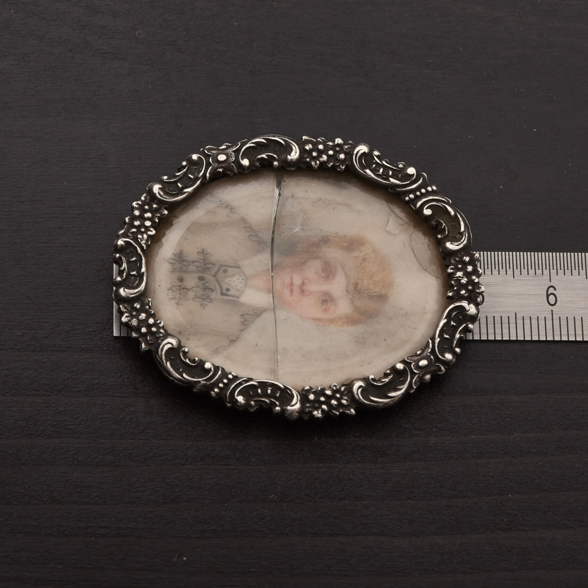 Antique Miniature Portrait in .800 Silver Frame Dog's Head Hallmark Graz, Austria 1872-1922